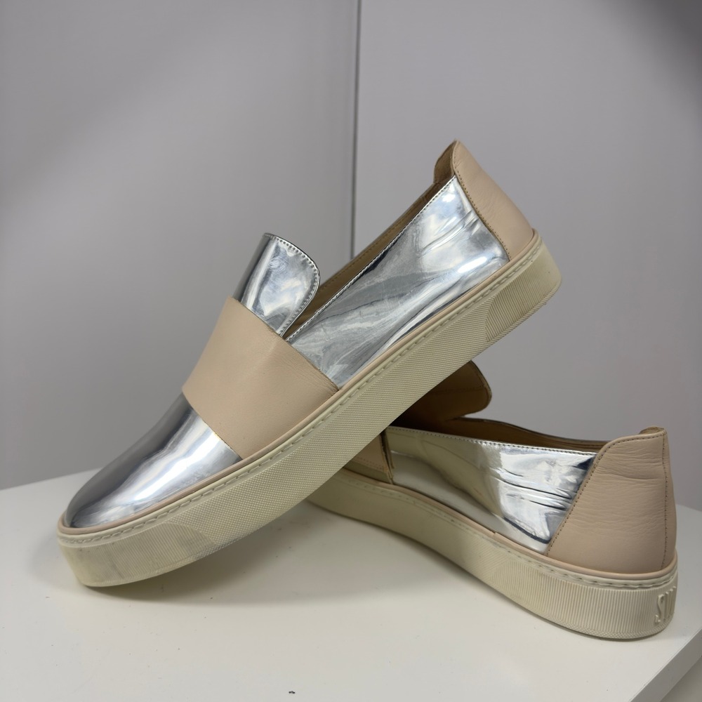 Stuart Weitzman Slip On Sneakers Women's Size 10M Silver Metallic Pink Leather
